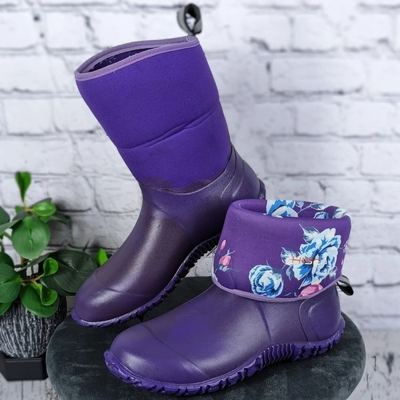 Wet weather rubber boots, rain, gardening, neoprene roll down purple floral 10 - Picture 1 of 15
